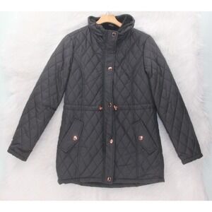 Vine & Valley Coat Women's Sz M Black Puffer Car Cinch Waist Faux Fur Lined $80